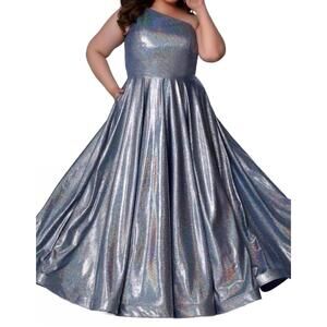 NEW SYDNEY'S CLOSET off shoulder metallic gown in metallic blue